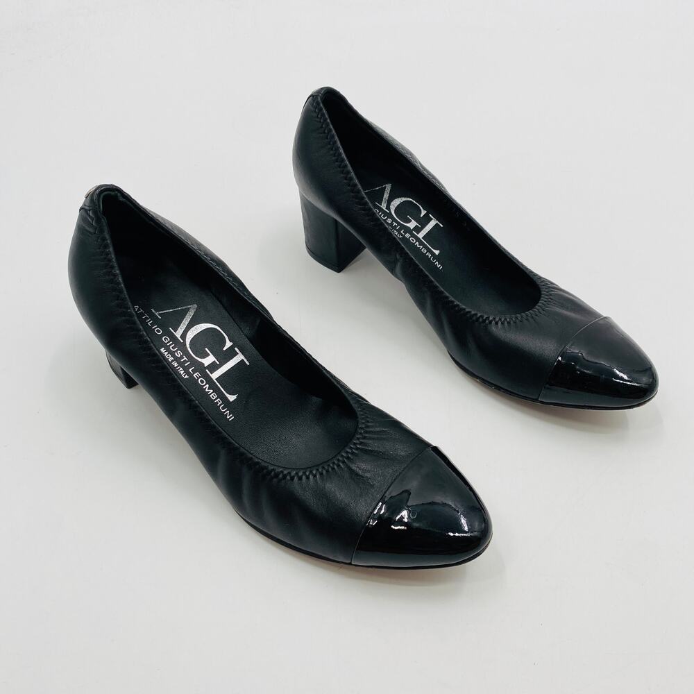 AGL Black leather round toe scrunch block heels‎